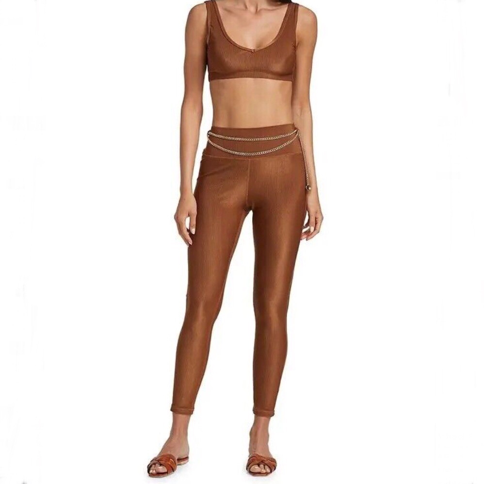 Nwt Weworewhat Set Ribbed High Rise Chain Belted Brown Bra & Leggings Size Small